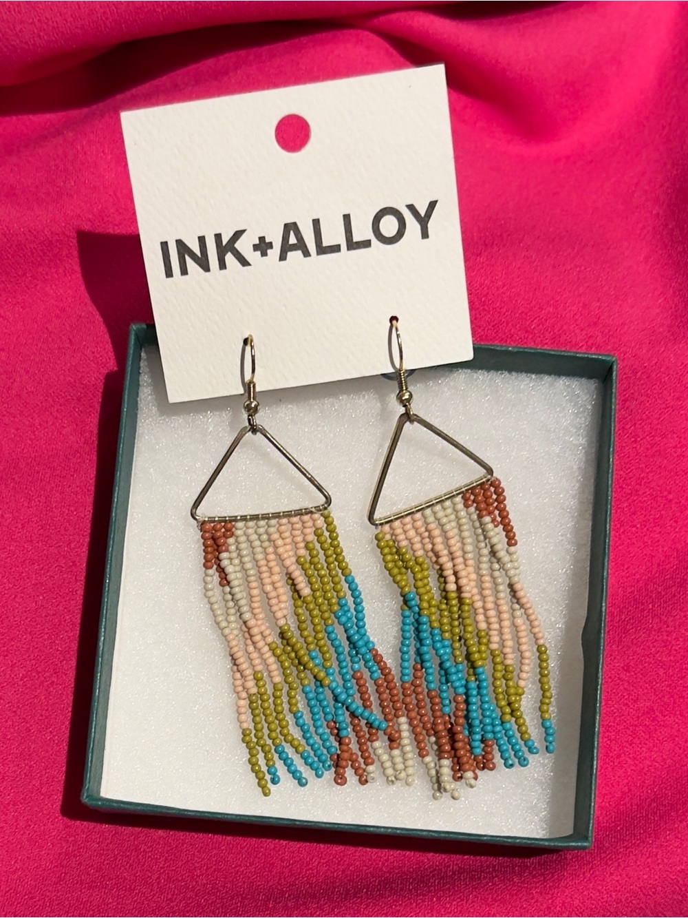 nwt INK + ALLOY Multicolor Beaded Fringe Drop Earrings - brass handmade Whitney